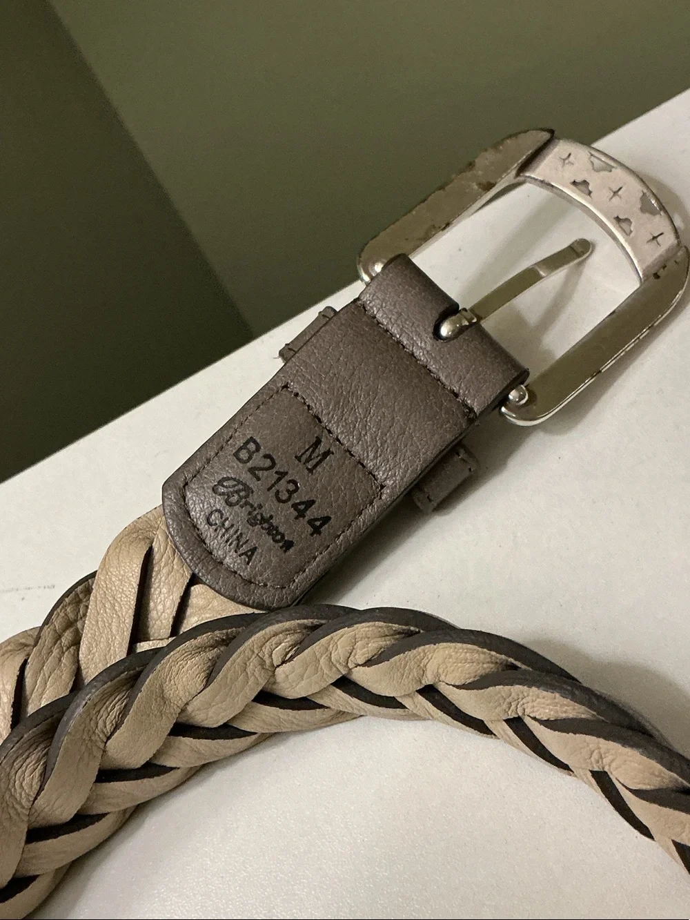 Brighton Braided Leather Belt in Gray with Cream Backing & Silver Buckle Sz M